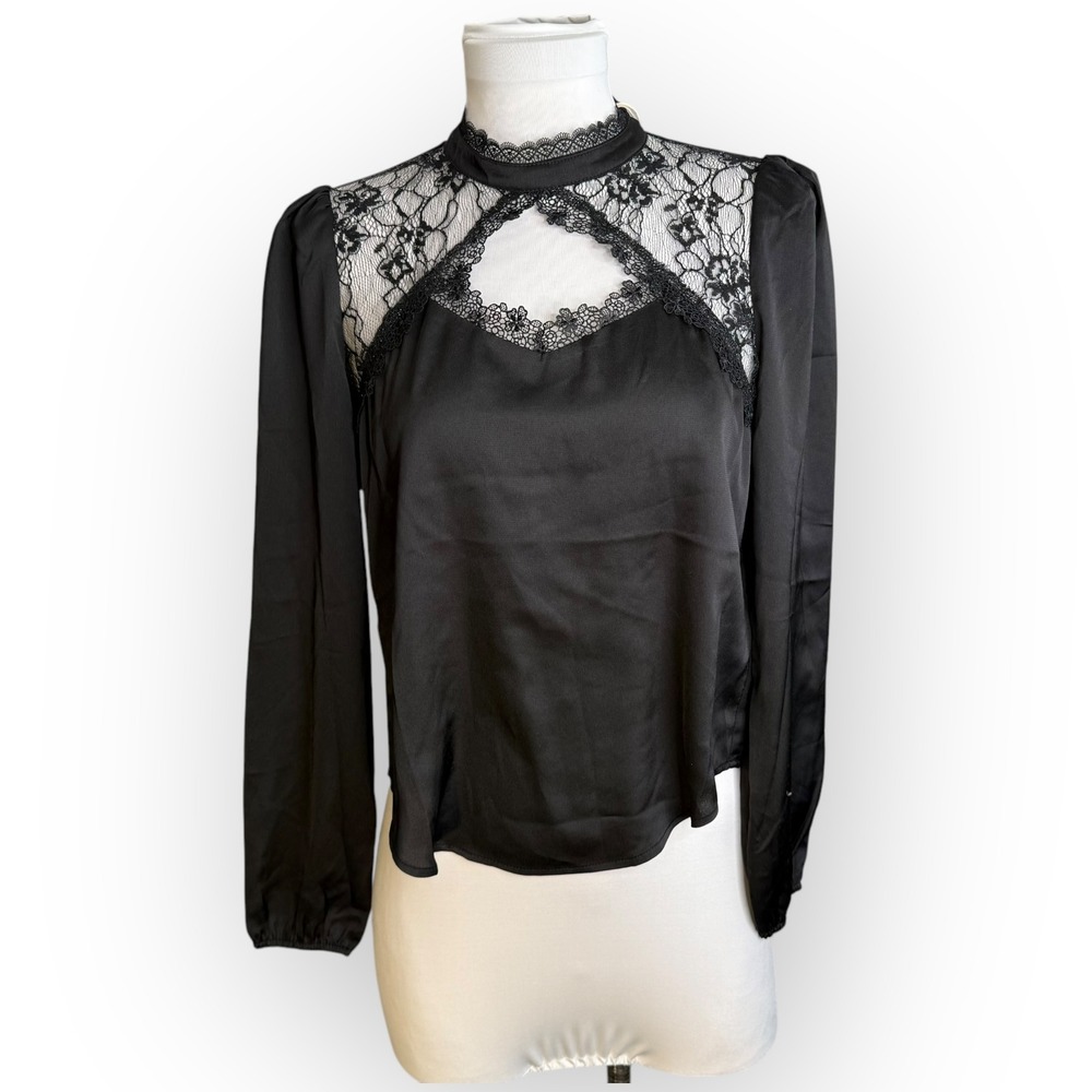 Heartloom Black Lace Inset Long Sleeve Satin Blouse XS New‎ With Tags